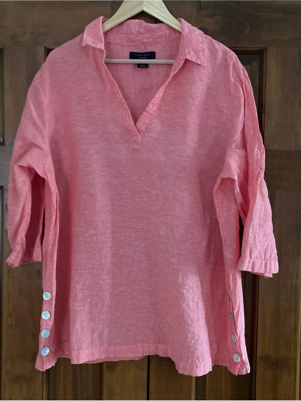 Tahari Coral Pink Linen Split-Neck Tunic with Side Buttons women’s size 1X plus